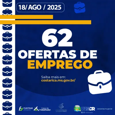 Imagem da notícia Casa do Trabalhador de Costa Rica oferece 62 vagas de emprego nesta segunda-feira